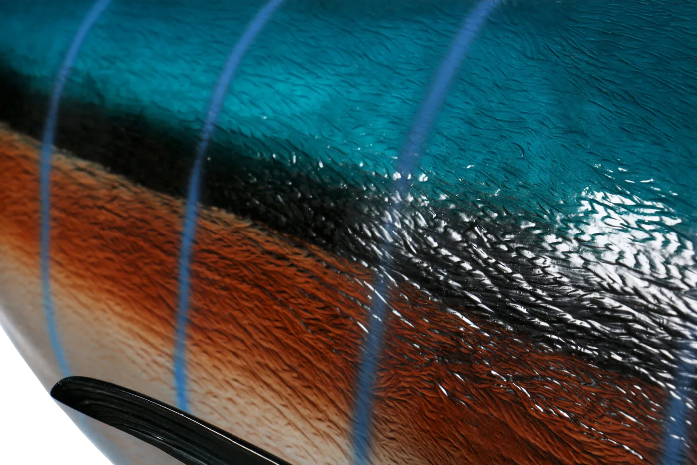 Macro of hand-painted marlin flank with cobalt bars over teal and copper